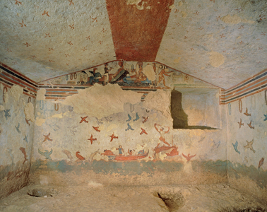 Back wall of the Tomb of Hunting and Fishing, Tarquinia, Italy