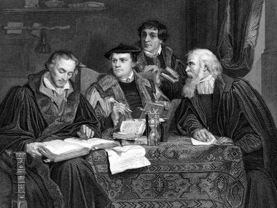 Left to Right: Philip Melancthon (1497-1560), Martin Luther (1483-1546), Pomeranus (Johann Bugenhagen 1485-1558) and Cruciger (Gaspard Creuziger 1504-1548), the four great German Protestant theologians shown working on Luther's translation of the Bible. Engraving.