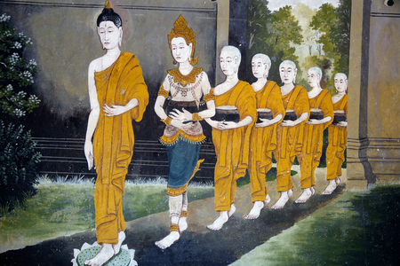Fresco depicting a scene of the Buddha's life in Wat Phra Doi Suthep, Chiang Mai. Buddha and monks on an alm round. Thailand (photo)