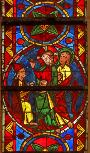 Window w213 depicting a scene from the life of St Thomas: Christ (recives Gundaphorus' messenger?) and tells St Thomas to go to India (stained glass)