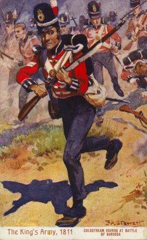 British soldiers of the Coldstream Guards, Battle of Barrosa, Spain, Peninsular War, 1811 (colour litho)