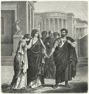 Atilius Regulus preparing to leave Rome to return to captivity in Carthage (engraving)