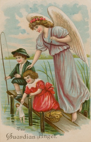 The Guardian Angel, protecting boy, girl and doll fishing (chromolitho)