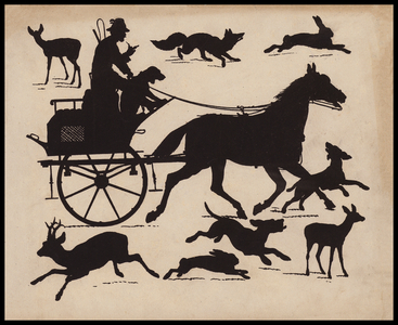 Animals and a man driving a horse-drawn carriage (litho)