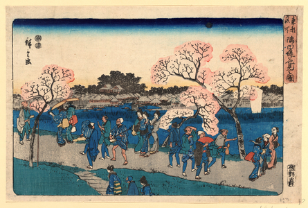 Sumida Tsutsumi Hanami No Zu, Viewing Cherry Blossoms Along the Sumida River. [Between 1848 and 1854], 1 Print : Woodcut, Color ; 24.4 X 37 ., Print Shows Sightseers Walking Along Pathway Viewing Cherry Blossoms on the Bank of the Sumida River.