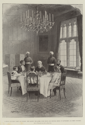 A Royal Luncheon Party at Windsor, Her Majesty the Queen, with Prince and Princess Henry of Battenberg and their Children (litho)