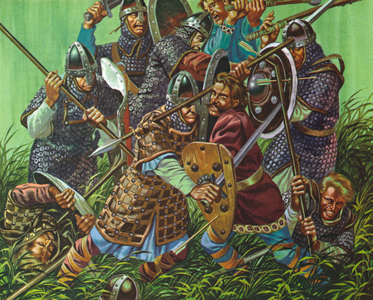 The Battle Of Hastings, 1066 AD, fought with spears, swords and axes (colour litho)
