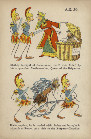 Comic Early English History: Betrayal of Caractacus by his stepmother Cartismandua (colour litho)