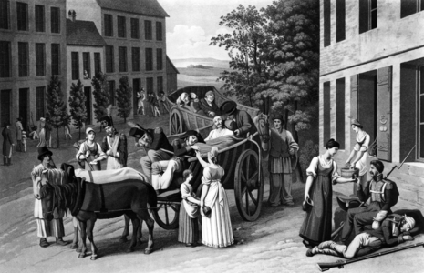 After battle of Wagram (july 5-6, 1809), people of Vienna rescuing French wounded soldiers, engraving by Gros after Gauermann