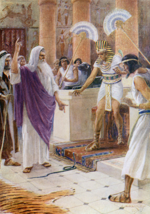 Moses and Aaron before Pharaoh, Exodus VII 10 (colour litho)