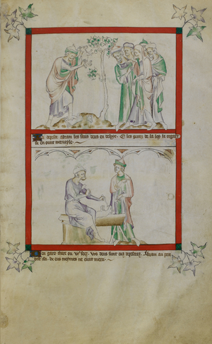 Above, Abram (Abraham) breaks the false Gods made by his father, Thare (Terah). Below, Thare making an idol at his work bench, is confronted by Abram who explains that the idols are destroyed
