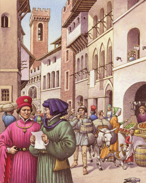 A typical street scene in Florence in the early 15th century (gouache on paper)