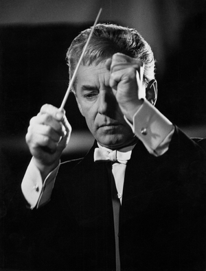 Herbert von Karajan conducting with baton, Berlin, 1967. Austrian conductor, 5 April 1908 - 16 July 1989.