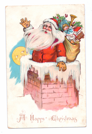 Edwardian Christmas postcard of Father Christmas either entering or leaving a chimney with a sackfull of toys on his back, c.1910 (colour litho)