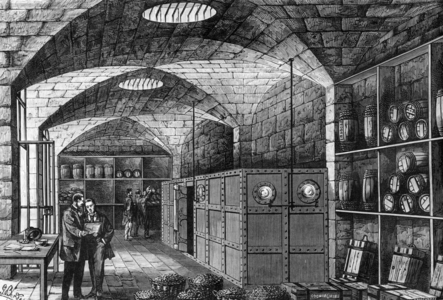 Cellars of the "Tresor" (government department in chargeof public finance) in Paris : storeroom where are securities for Germany, 1873, engraving by Daudenarde after Gabriel Bordese