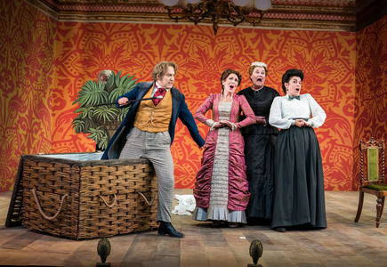 Richard Burkhard (Ford), Mary Dunleavy (Alice Ford), Yvonne Howard (Mistress Quickly) and Victoria Simmonds (Meg Page) in Falstaff by Verdi, Garsington Opera, June 2018 (photo)
