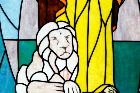 Holy Rosary church, Stained glass window, Saint Mark the Evangelist and his lion, Sapa, Vietnam, 2019 (photo)