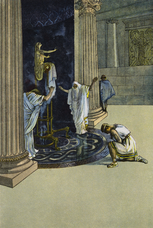 Orestes is ordered by Apollo to go to Tauris and bring the statue of Artemis to Athens (colour litho)