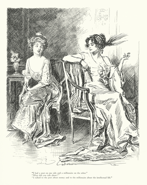 "I had a poet on one side and a millionaire on the other." "What did you talk about?" "I talked to the poet about money and to the millionaire about the intellectual life" (litho)