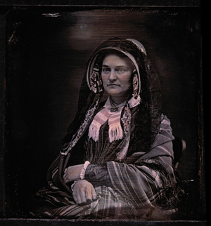 Middle-Aged Woman Wearing Hat and Veil with Shawl Covering Shoulders, Portrait, c.1850's (daguerreotype)