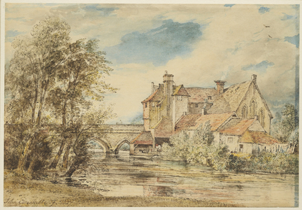 Old Houses on Harnam Bridge, Salisbury with the Ancient Hospital of Saint Nicholas, 1827 (pen & brown & grey inks with w/c over graphite, with scraping, on white wove paper)