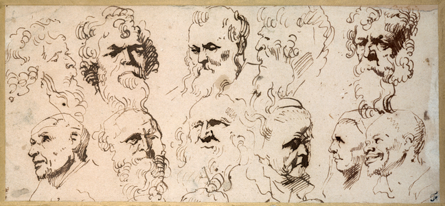 Eleven head studies (pen & brown ink on paper)