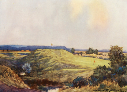 Golf Courses: Frilford Heath, approaching the ninth green (colour litho)