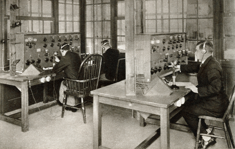 The wireless transmission room at Croydon Aerodrome, London, England which was re-opened in 1928.  From The Story of 25 Eventful Years in Pictures published 1935