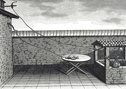 Engraving depicting Luigi Galvani's outdoor experiment which investigates the behaviour of muscles stimulated by electricity