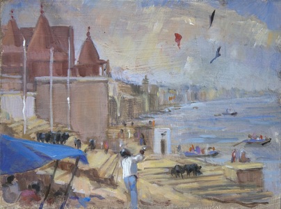 Kite flying at Varanasi, 2012, (oil on board)