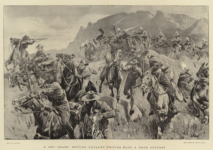 A Hot Chase, British Cavalry driving back a Boer Outpost (litho)
