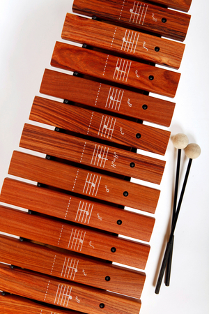 Close up detail of bars and the printed notes on them. On a primary or Junior school Soprano Xylophone with sticks - generic