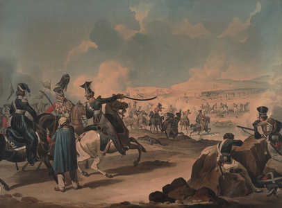 Russian cavalry attacking French infantry at Borodino, 1812 (w/c on paper)