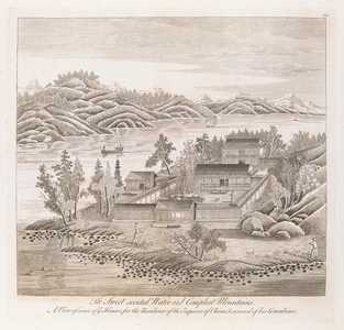 A view of a lake or river with courtyard buildings surrounded by trees and low hills, with dark oval plants or stones in the water in the foreground and a rocky landscape in the background