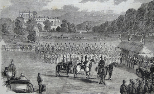 The review of Derbyshire rifle volunteers at Chatsworth Park, 1860 (engraving)