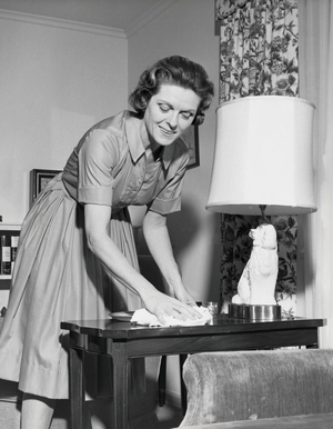 Mid adult woman cleaning a side table