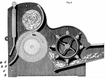Cross-section of Elihu Whitney's (1765-1825) saw-gin for cleaning cotton, 1865 (engraving)