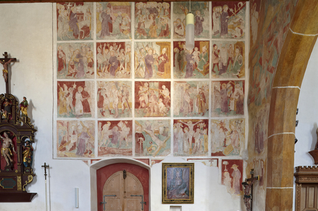 View of a fresco with the Passion of Christ, north wall, St. Nicholas Church, Damuels, Austria (photo)