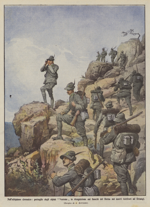 In the Cyrenaic plateau, patrols of the Vestone Alpini in reconnaissance on the sides of the Derna in  (colour litho)