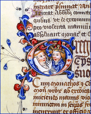England / UK: Illuminated manuscript showing a king and a Cistercian monk, Furness Abbey Ms., 1412