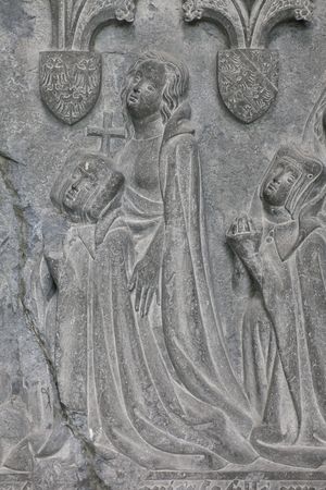 Cathedral collection. Bas-Relief. Stone. Devotion monument of Cottrel family (Monument votif des Cottrel). Origin of the brotherhood (Frères Mineurs de Tournai). Ca 1490. Detail women praying.