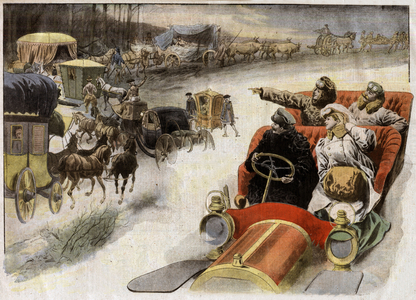 In Paris: new means of transport (cars) and old means of transport (horse-drawn transports), illustration from french newspaper "Le Petit Journal" december 22, 1907