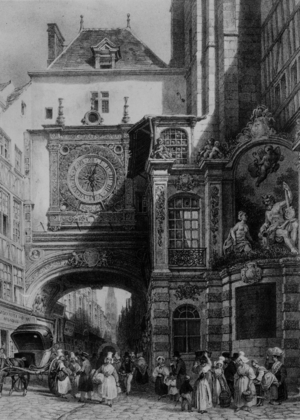 Big clock in Roune (Normandy, France) installed in 1527, lithograpahy by Lemercier according to the drawing by Deroy, in the 19th century