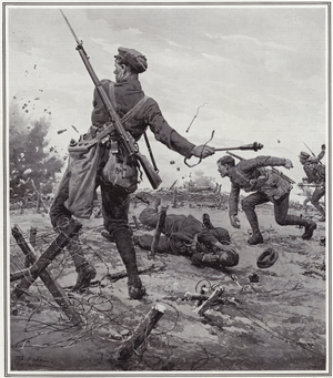 British bomb throwers at the Front. Published on the cover of The Sphere, 8 May 1915. (litho)