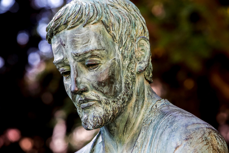 St Joseph statue in the courtyard of the Annunciation Roman catholic basilica, Nazareth, Galilee, Israel. Detail. (photo)