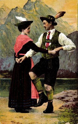 Two Bavarians in national costumes dancing (postcard)