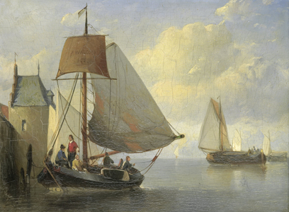 River view with a rampart tower inspired by the Camperveerse tower in Veere, 1855 (oil on panel)