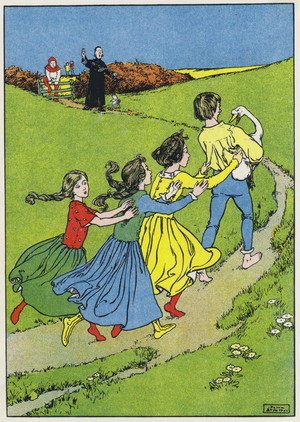 The sisters follow Dummling and his goose (colour litho)
