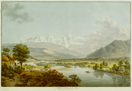 A shepherdess rests by a road while her cows drink from a fountain outside the village of Muri bei Bern in the foreground, with the Aare River on the right and the Bernese Alps in the background