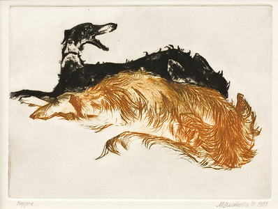 Russian Greyhounds, 1988 (drypoint)